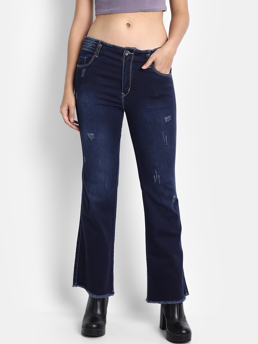 

BROADSTAR Women Navy Blue Mildly Distressed Light Fade Stretchable Jeans