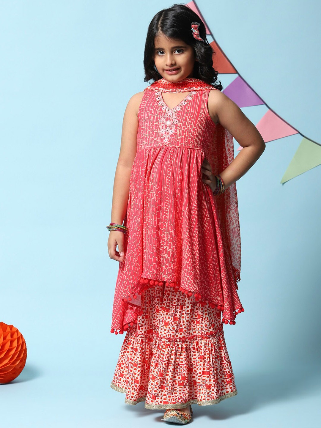 

Biba Girls Printed Pleated Beads and Stones Kurta with Sharara & Dupatta, Red