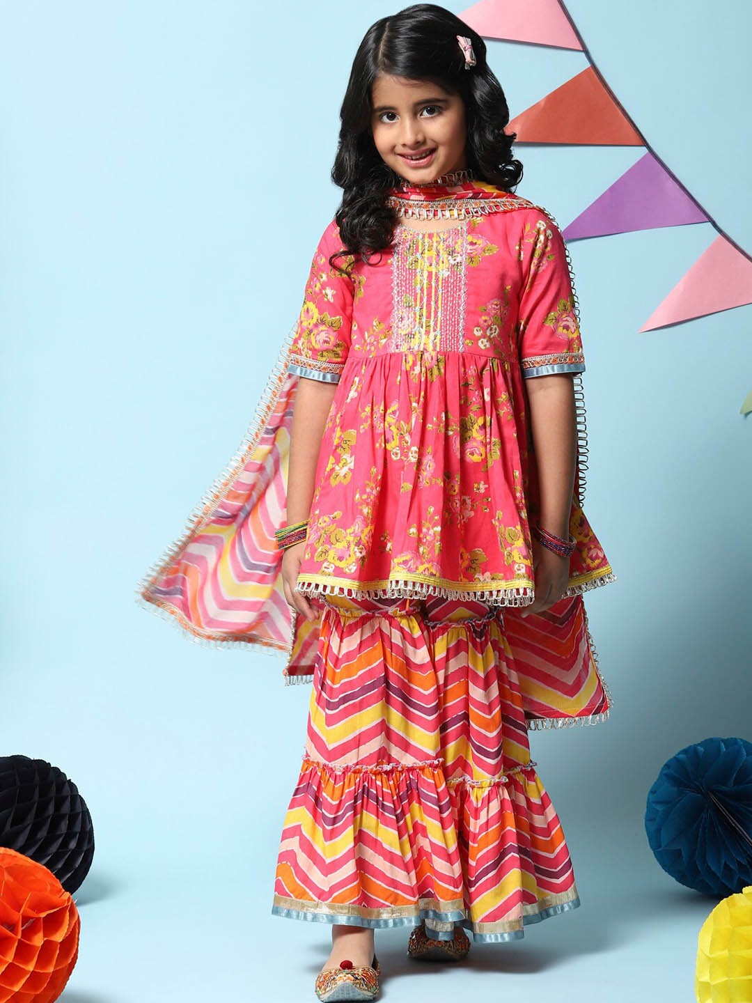 

Biba Floral Printed Gotta Patti Kurta with Sharara & With Dupatta, Pink