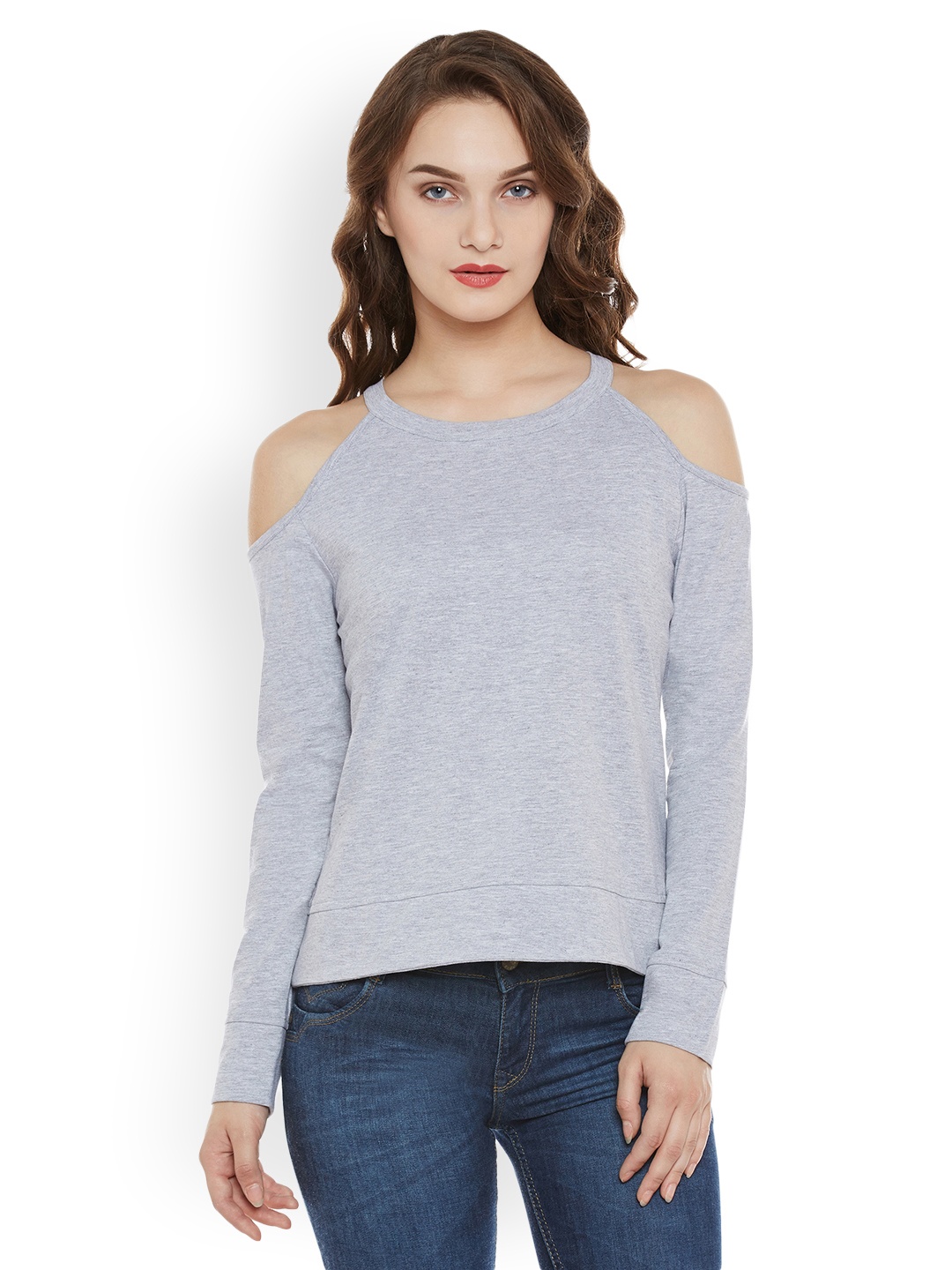 

Miss Chase Women Grey Melange Solid Cold Shoulder Pure Cotton Top