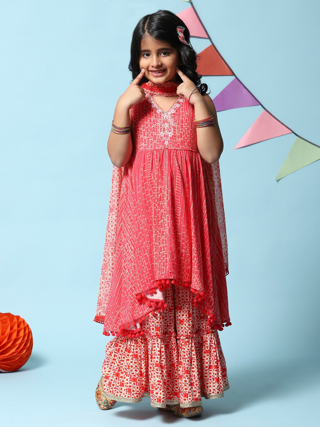 

Biba Floral Printed Kurta with Sharara & With Dupatta, Red