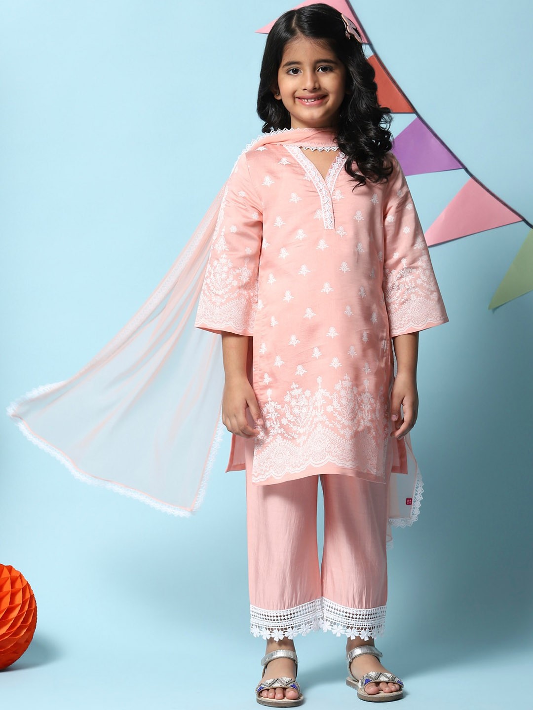 

Biba Ethnic Motifs Printed Thread Work Kurta with Sharara & With Dupatta, Pink