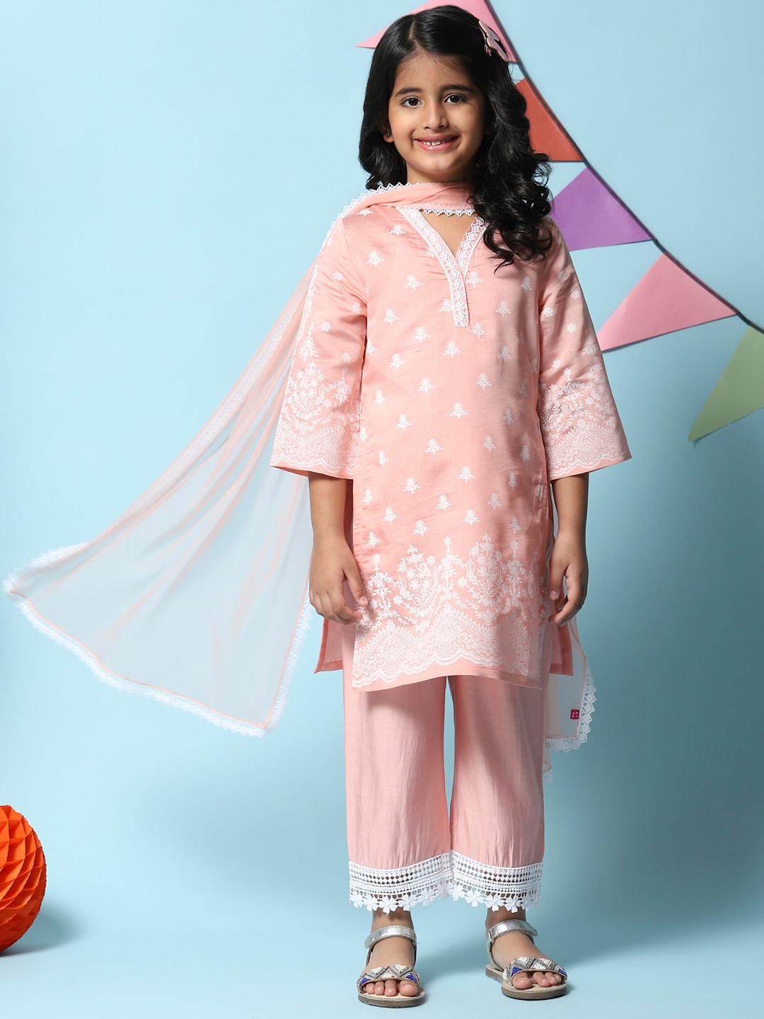 

Biba Ethnic Motifs Printed Thread Work Kurta with Trousers & With Dupatta, Pink