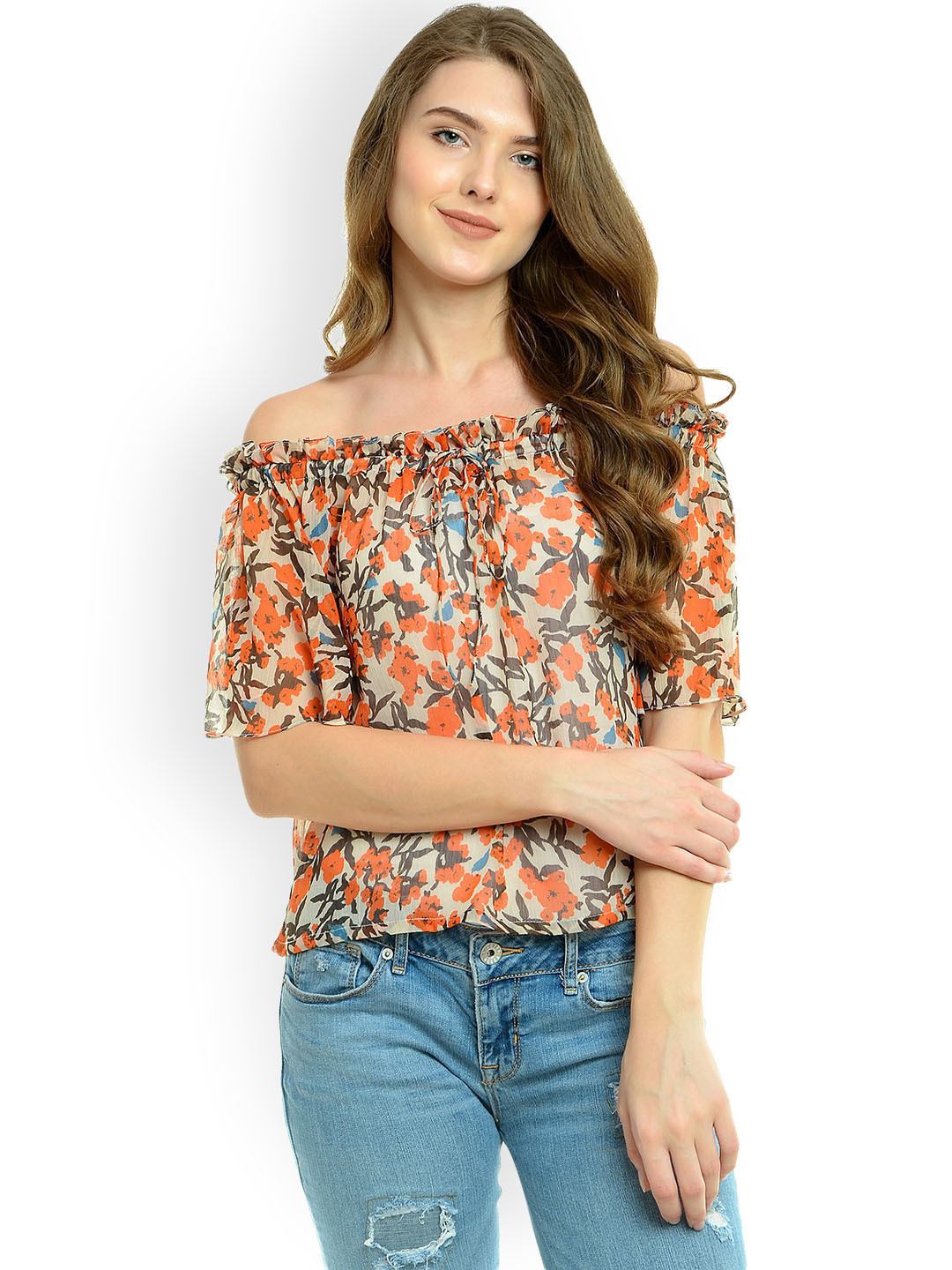 

Miss Chase Women Orange & Grey Floral Print Bardot Top