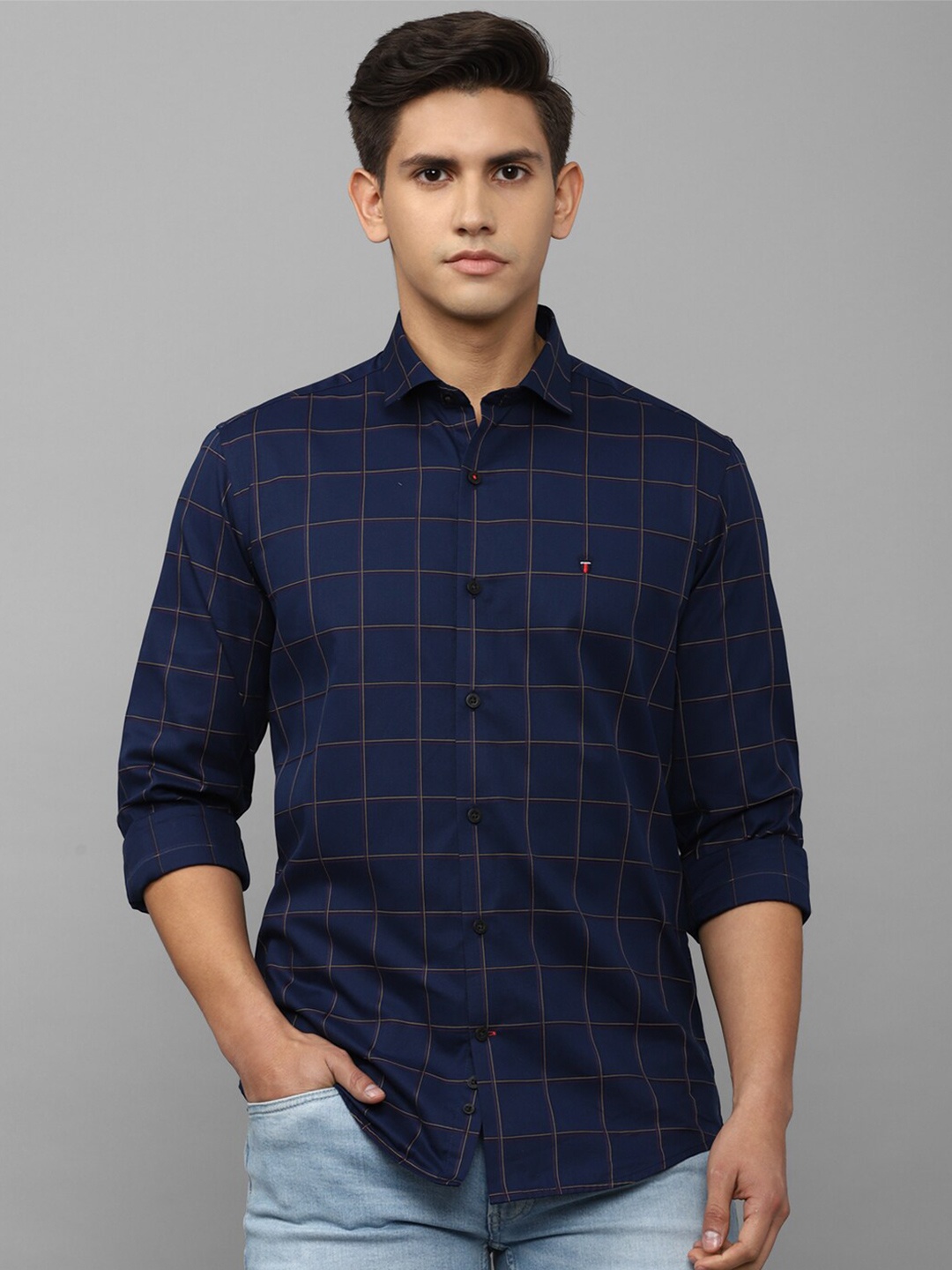 

Louis Philippe Sport Slim Fit Windowpane Checked Casual Cotton Shirt, Navy blue