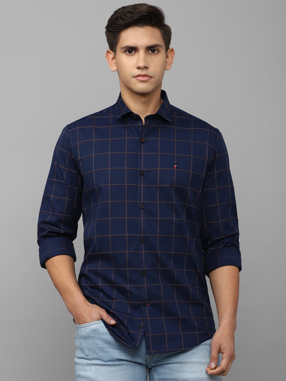 

Louis Philippe Sport Men Slim Fit Windowpane Checked Casual Cotton Shirt, Navy blue