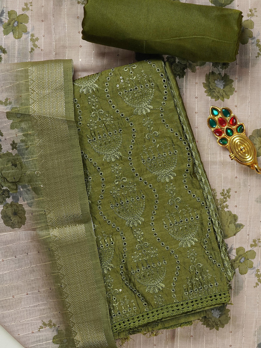 

Kalamandir Unstitched Dress Material, Olive
