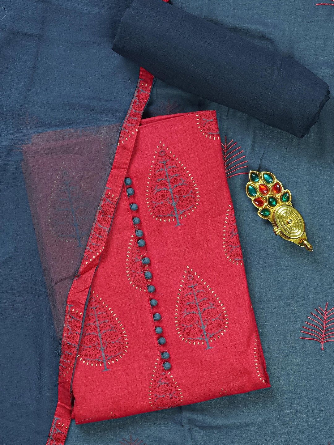 

Kalamandir Red & Blue Printed Pure Cotton Unstitched Dress Material