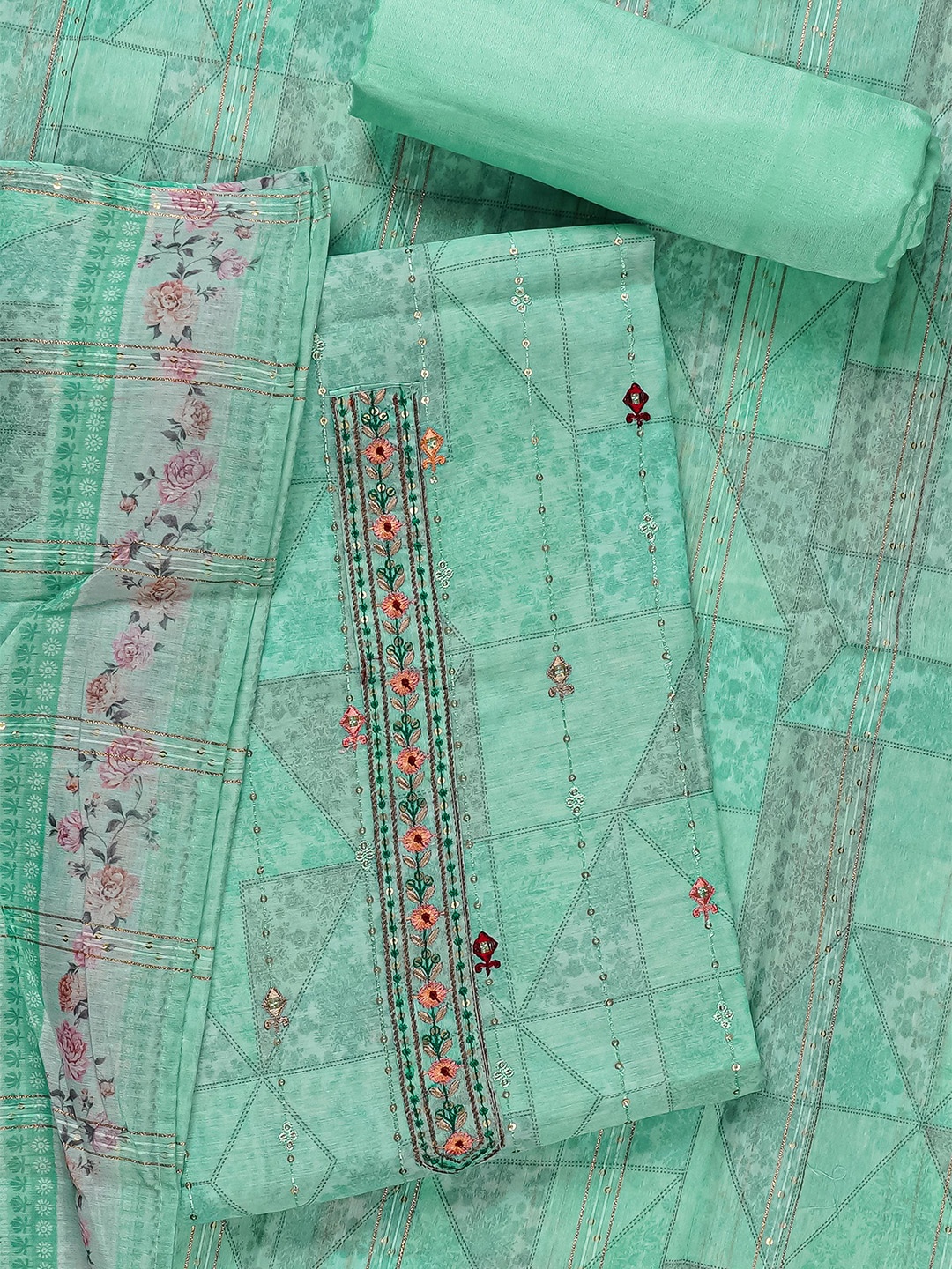 

Kalamandir Sea Green & Pink Printed Unstitched Dress Material