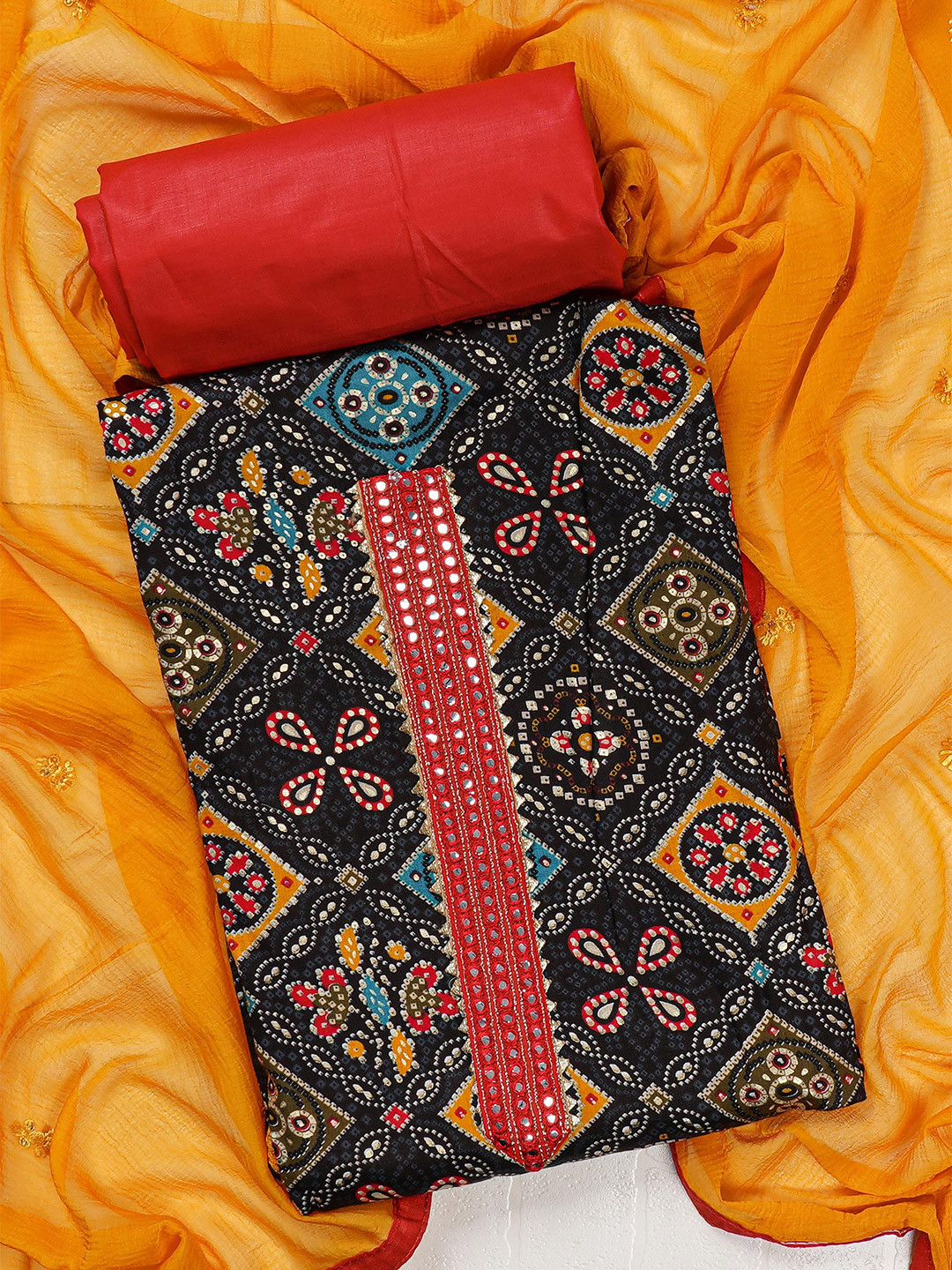 

Kalamandir Black & Orange Printed Pure Cotton Unstitched Dress Material