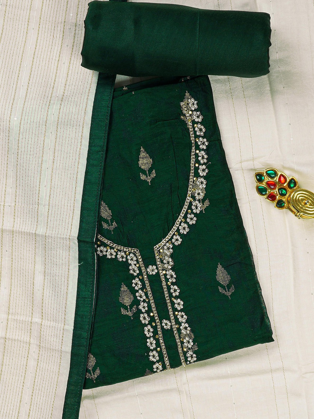 

Kalamandir Green & Off White Unstitched Dress Material