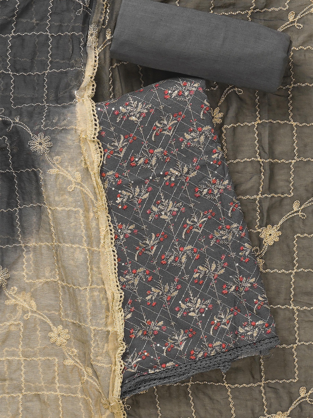 

Kalamandir Grey & Beige Printed Viscose Rayon Unstitched Dress Material