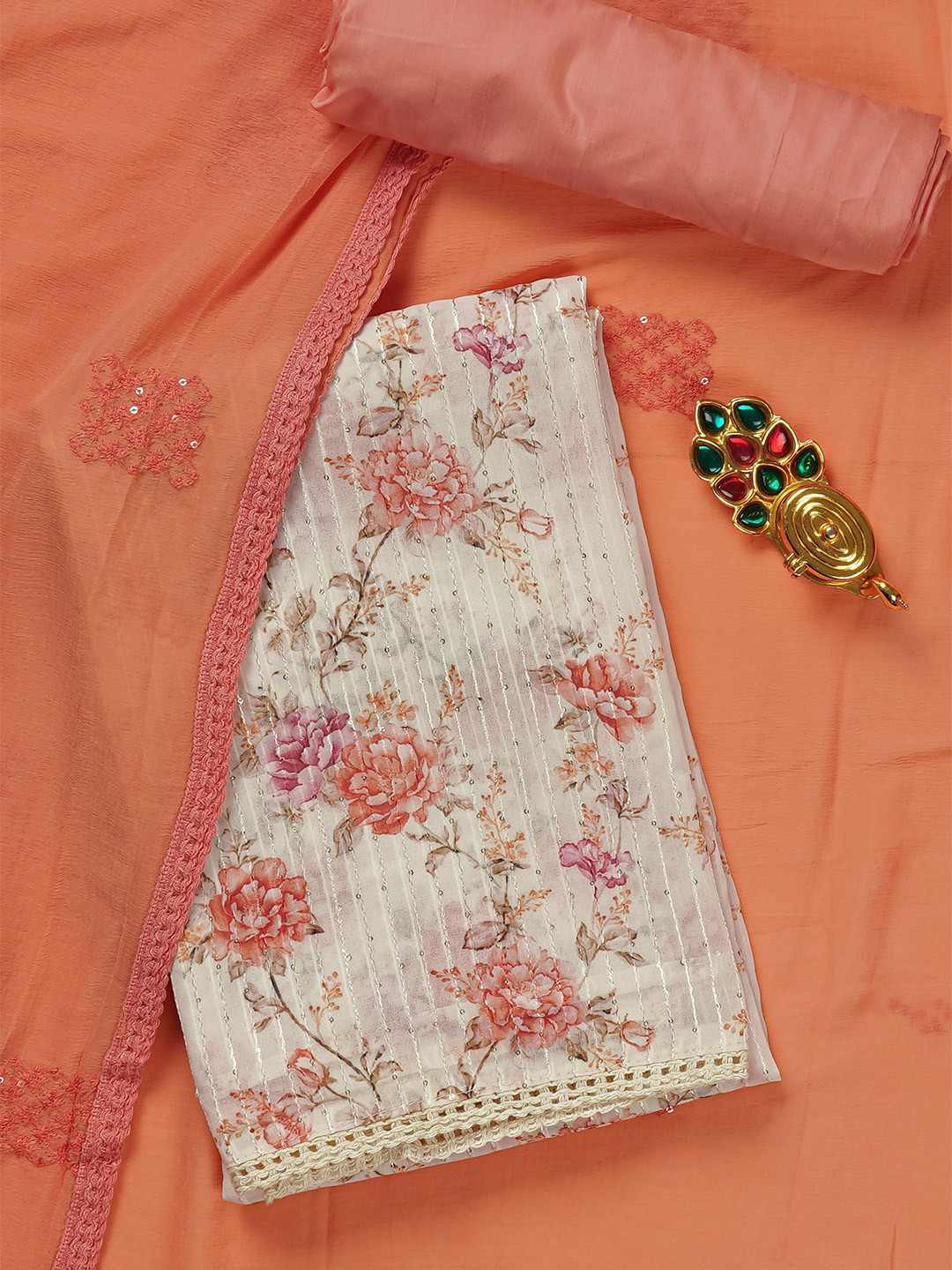 

Kalamandir Cream-Coloured & Orange Printed Unstitched Dress Material
