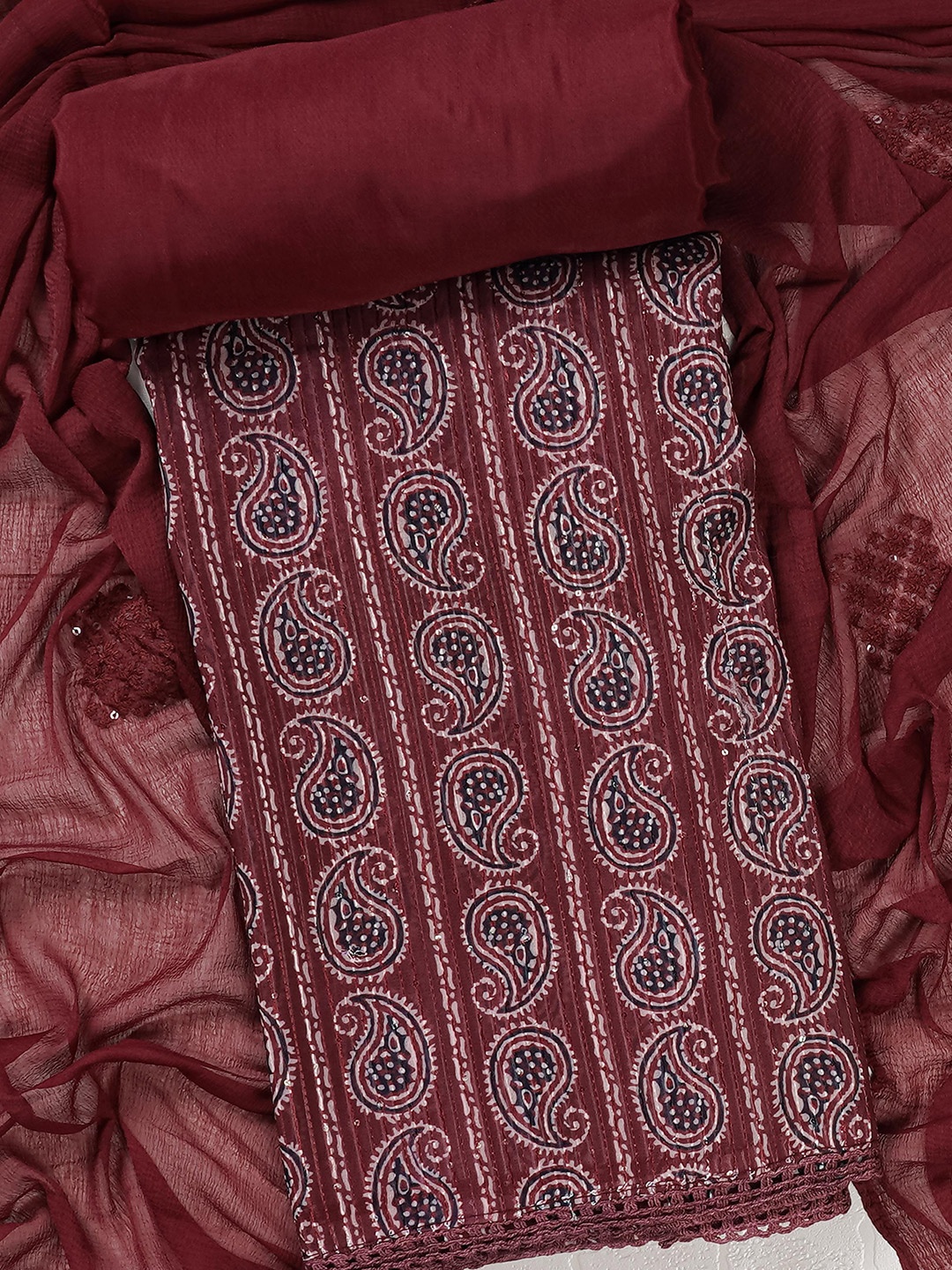 

Kalamandir Maroon & White Printed Unstitched Dress Material