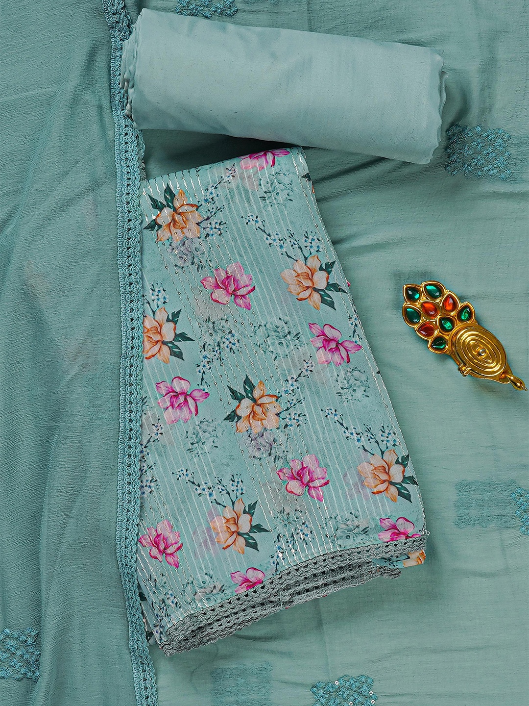 

Kalamandir Blue & Pink Printed Unstitched Dress Material