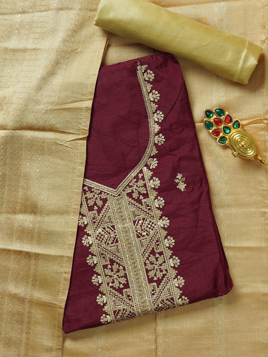 

Kalamandir Maroon & Beige Unstitched Dress Material