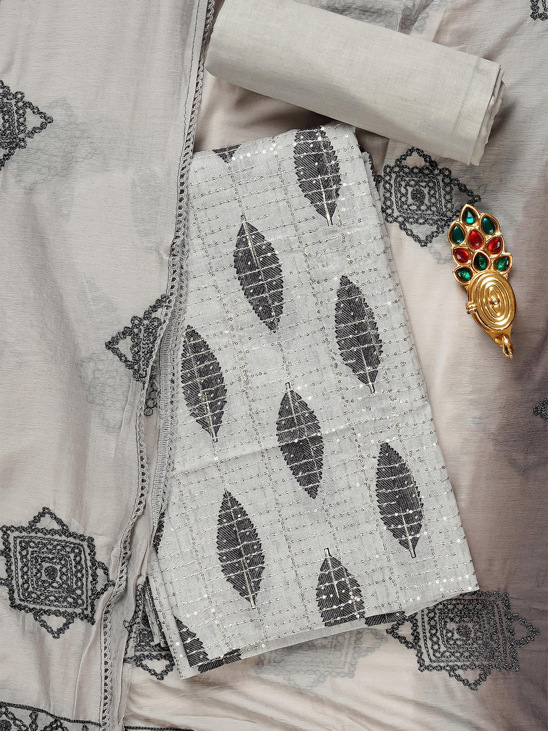 

Kalamandir Grey & Black Printed Pure Cotton Unstitched Dress Material