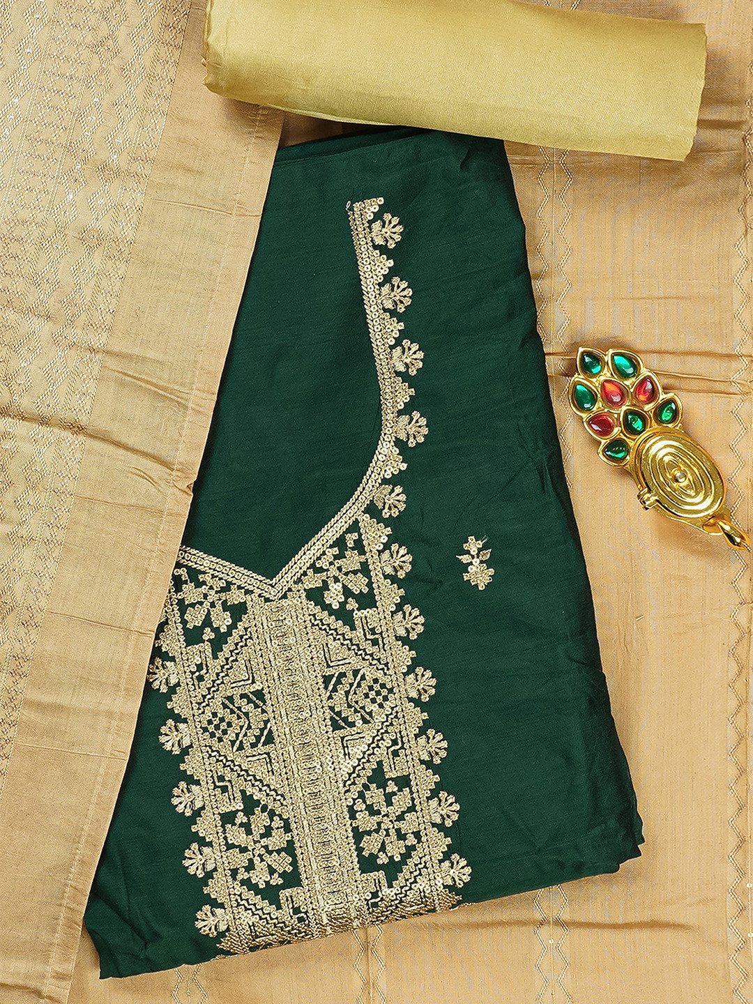 

Kalamandir Green & Beige Unstitched Dress Material