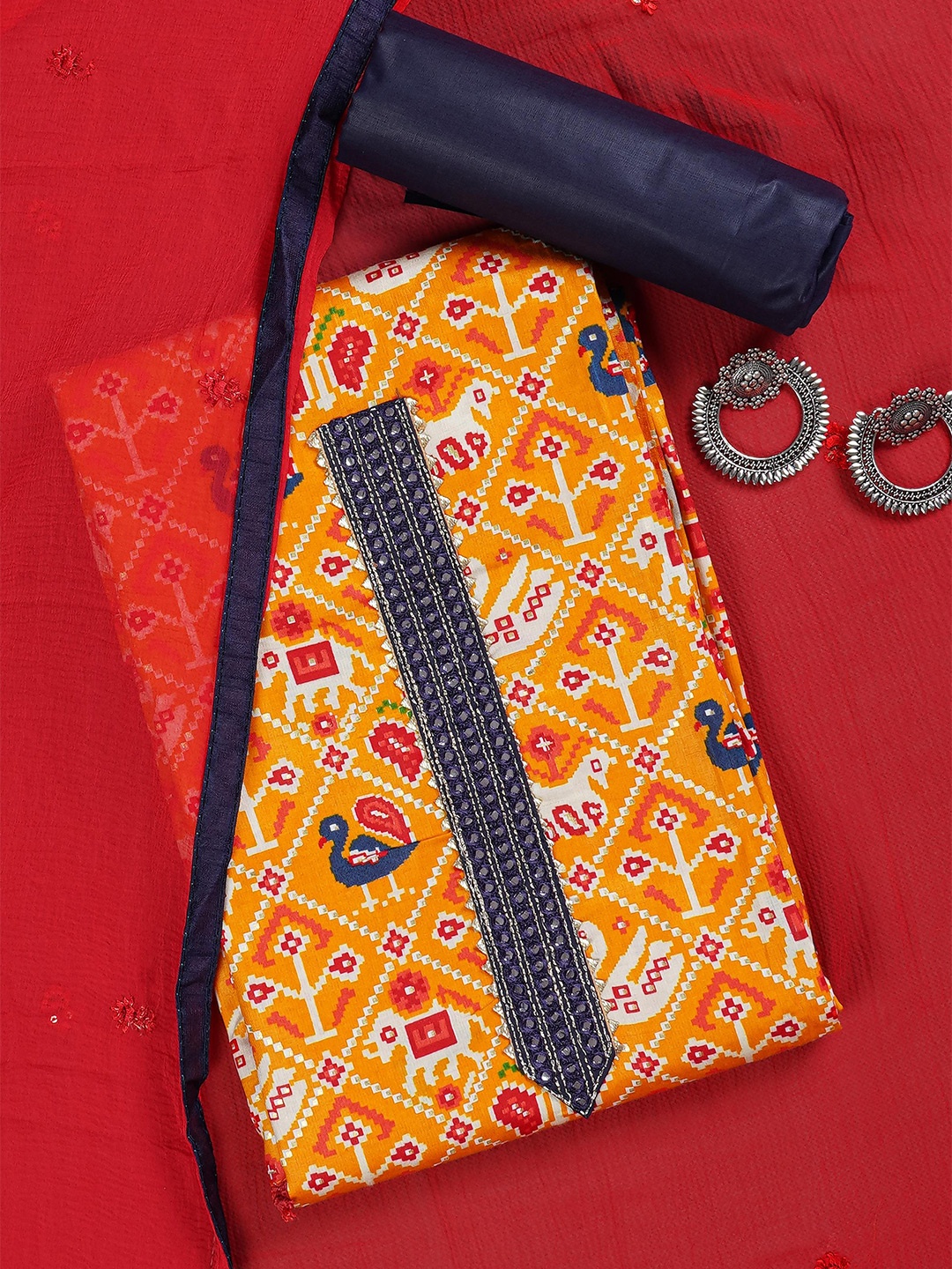 

Kalamandir Mustard & Red Printed Pure Cotton Unstitched Dress Material