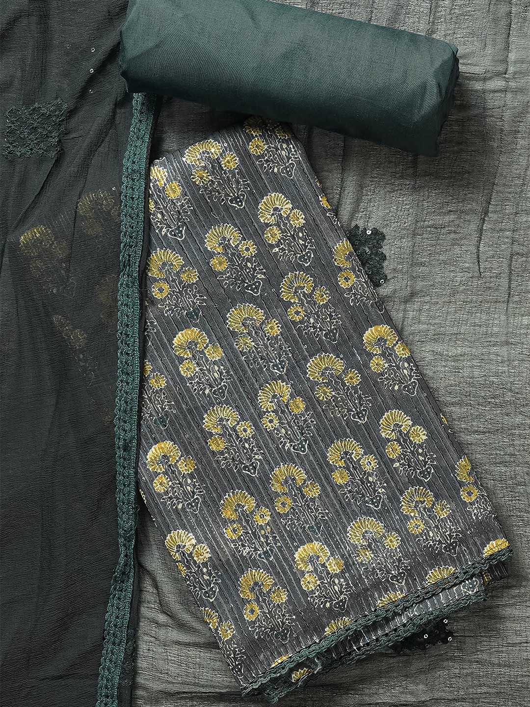 

Kalamandir Grey & Yellow Printed Unstitched Dress Material