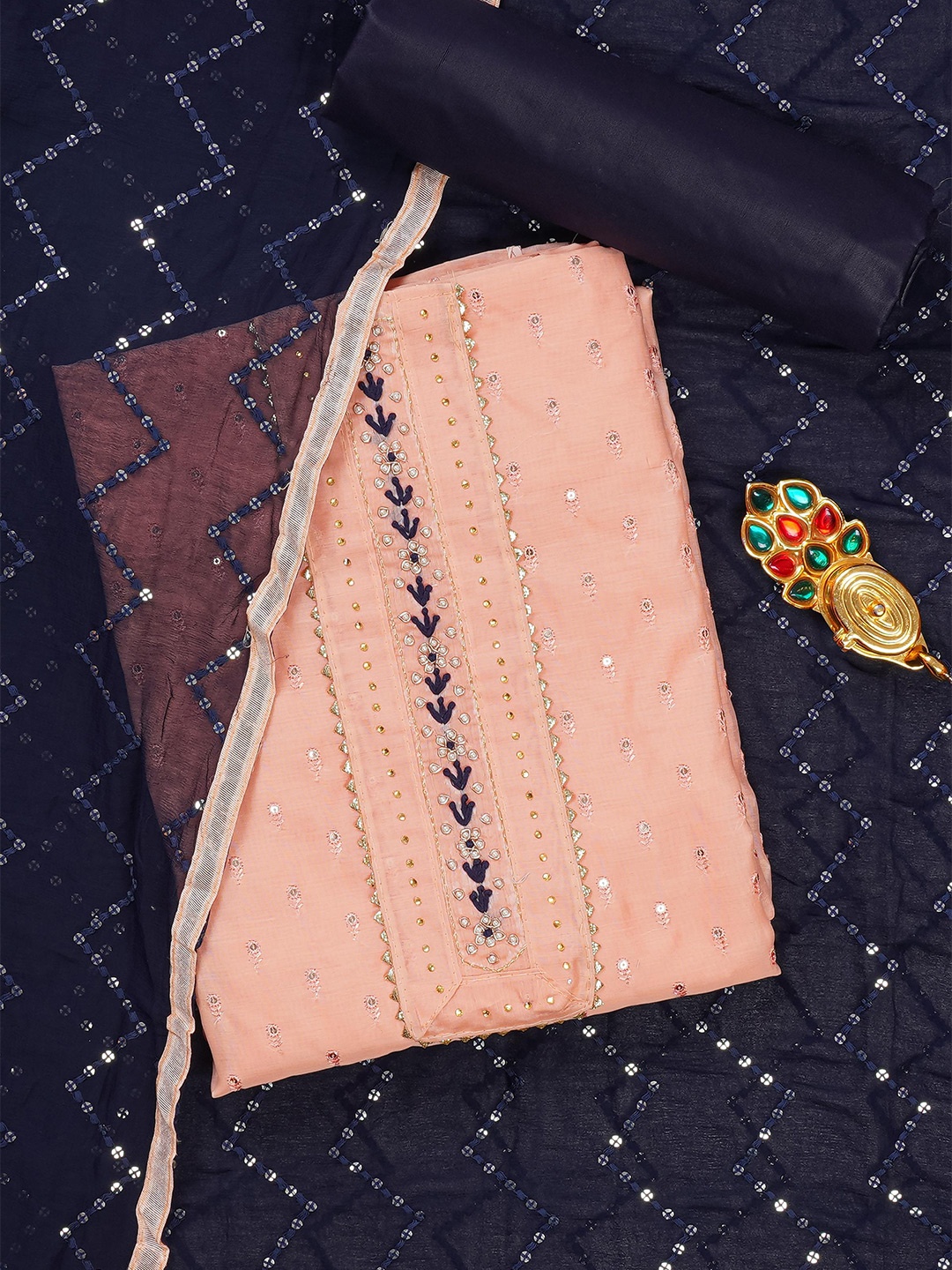 

Kalamandir Peach-Coloured & Navy Blue Unstitched Dress Material