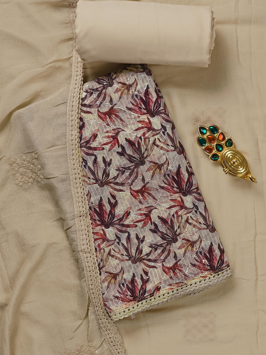 

Kalamandir Cream-Coloured & Purple Printed Unstitched Dress Material