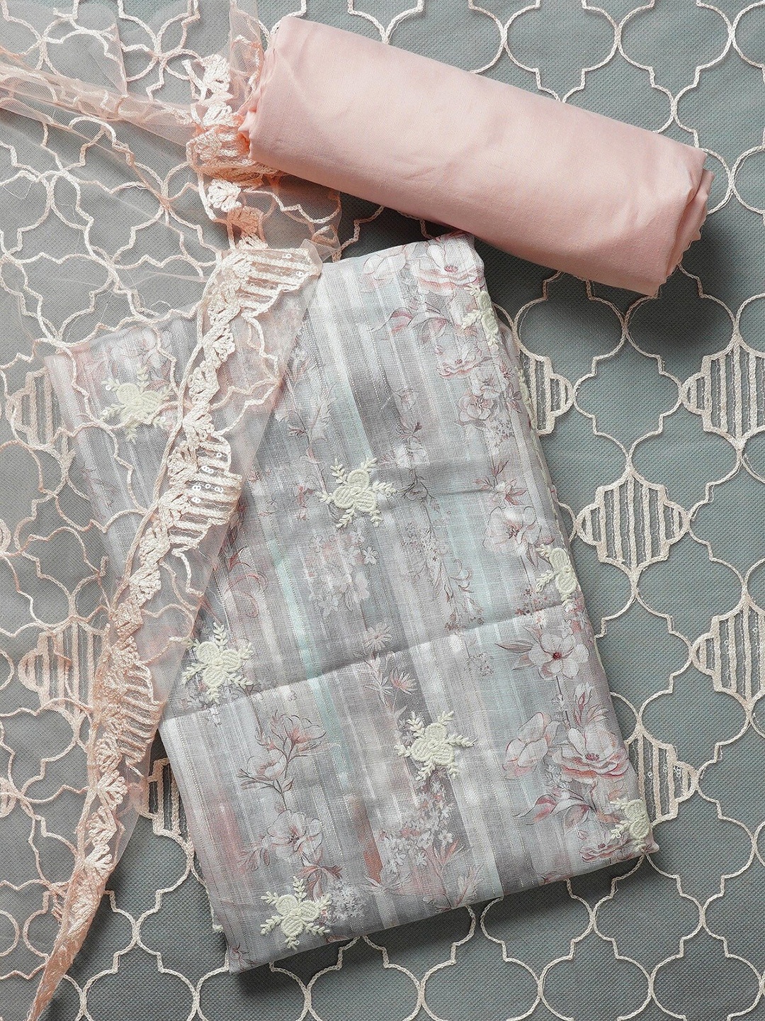 

Kalamandir Grey & Pink Printed Jute Silk Unstitched Dress Material