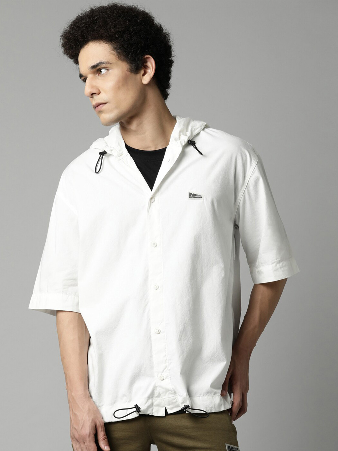

Breakbounce Men Hood Boxy Pure Cotton Casual Shirt, Off white