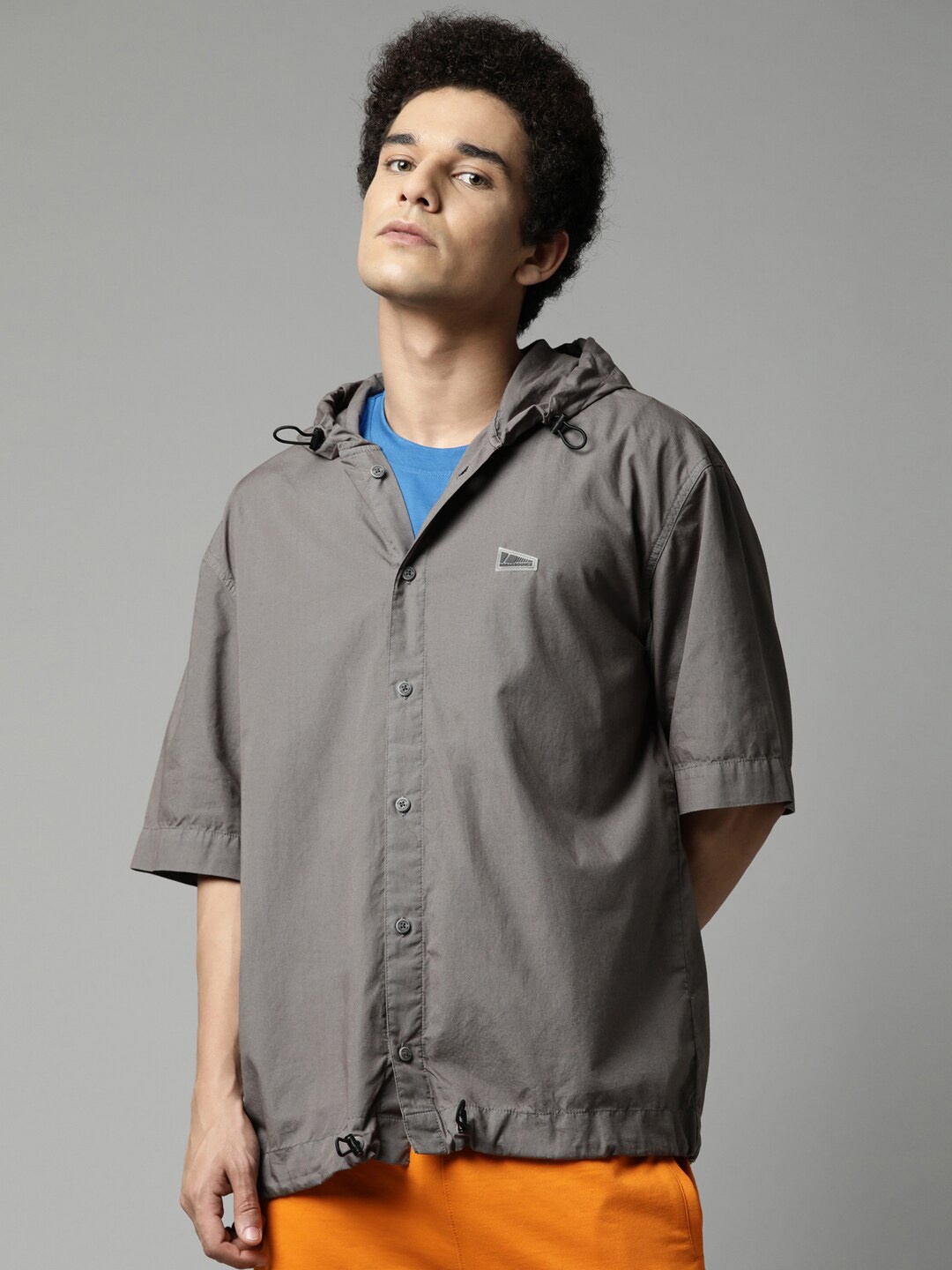 

Breakbounce Men Hood Boxy Pure Cotton Casual Shirt, Grey