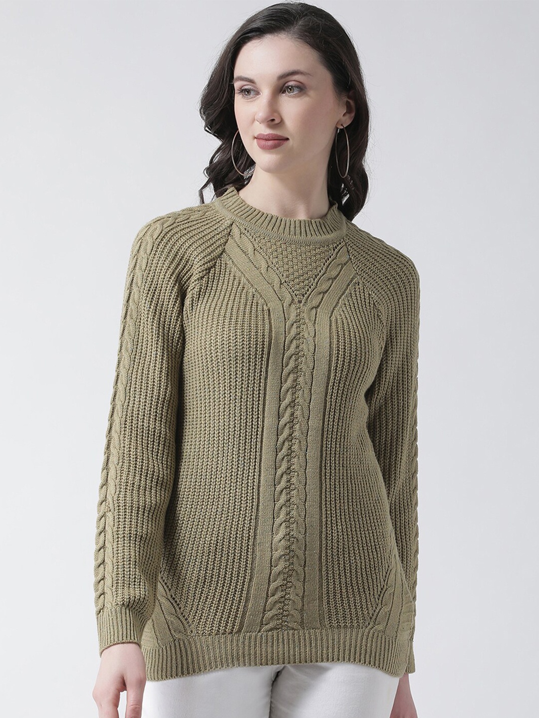 

Club York Women Olive Green Cable Knit Acrylic Pullover