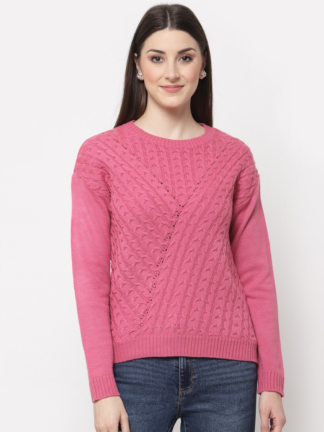 

Club York Women Pink Cable Knit Acrylic Pullover