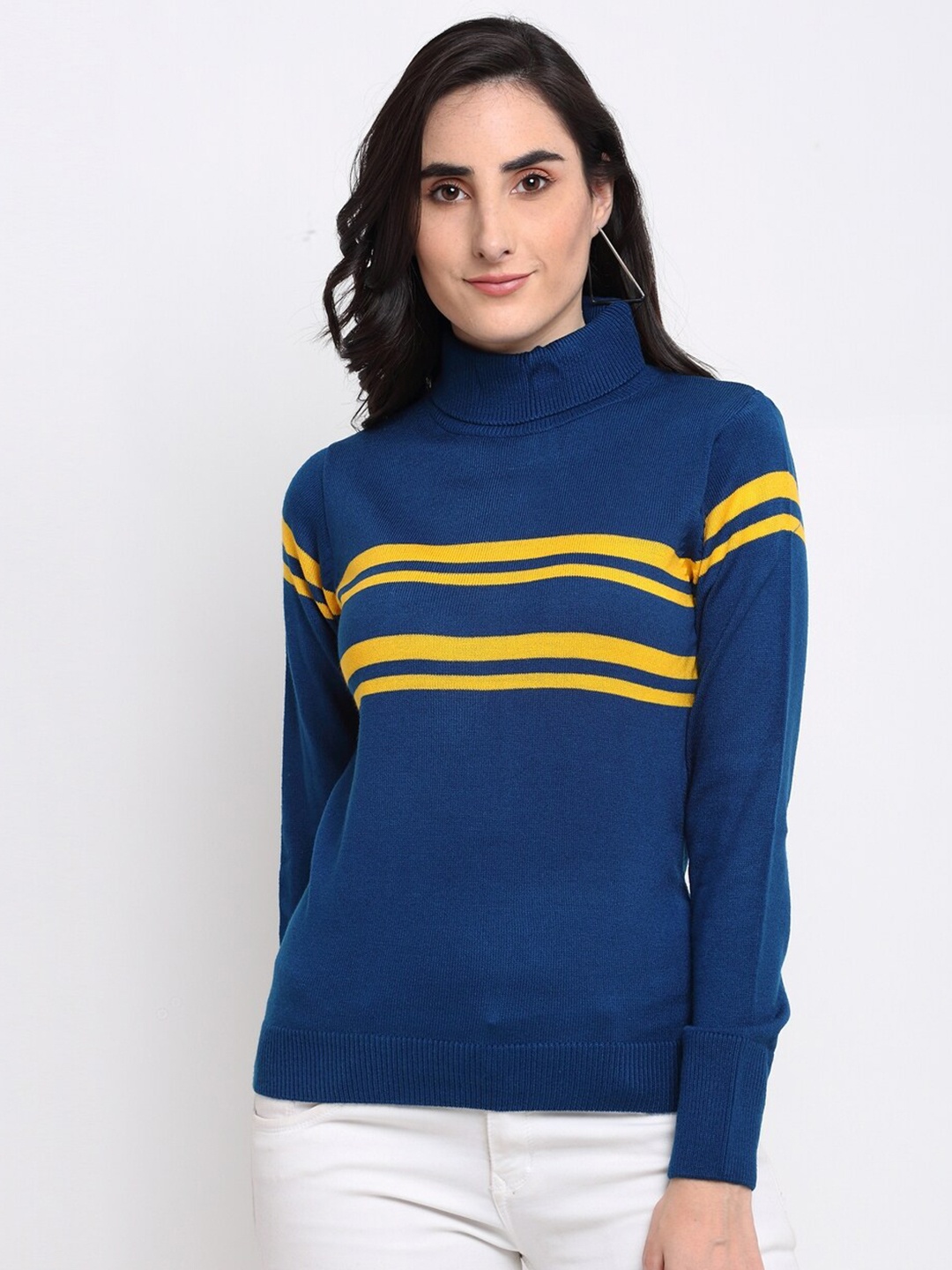 

Club York Women Blue & Yellow Striped Acrylic Pullover