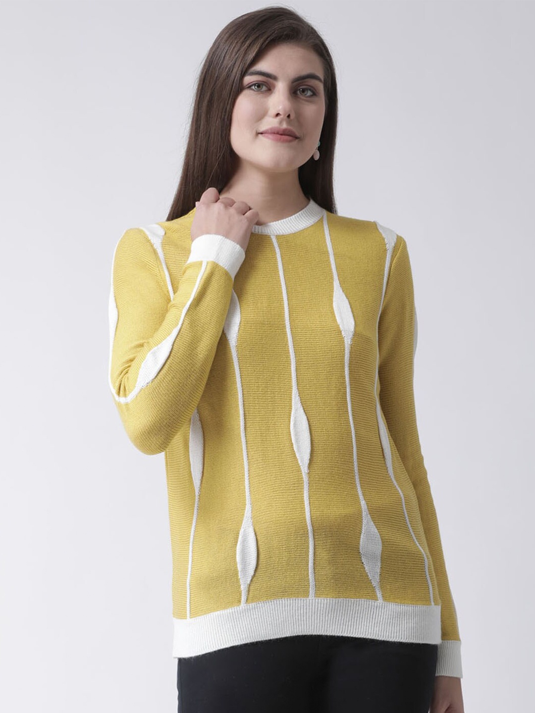 

Club York Women Yellow & White Striped Acrylic Pullover