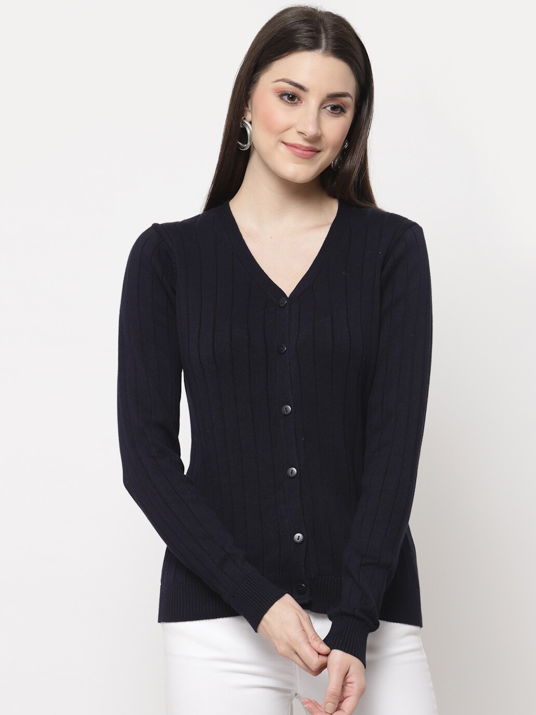 

Club York V-Neck Cable Knit Self Design Acrylic Pullover, Navy blue