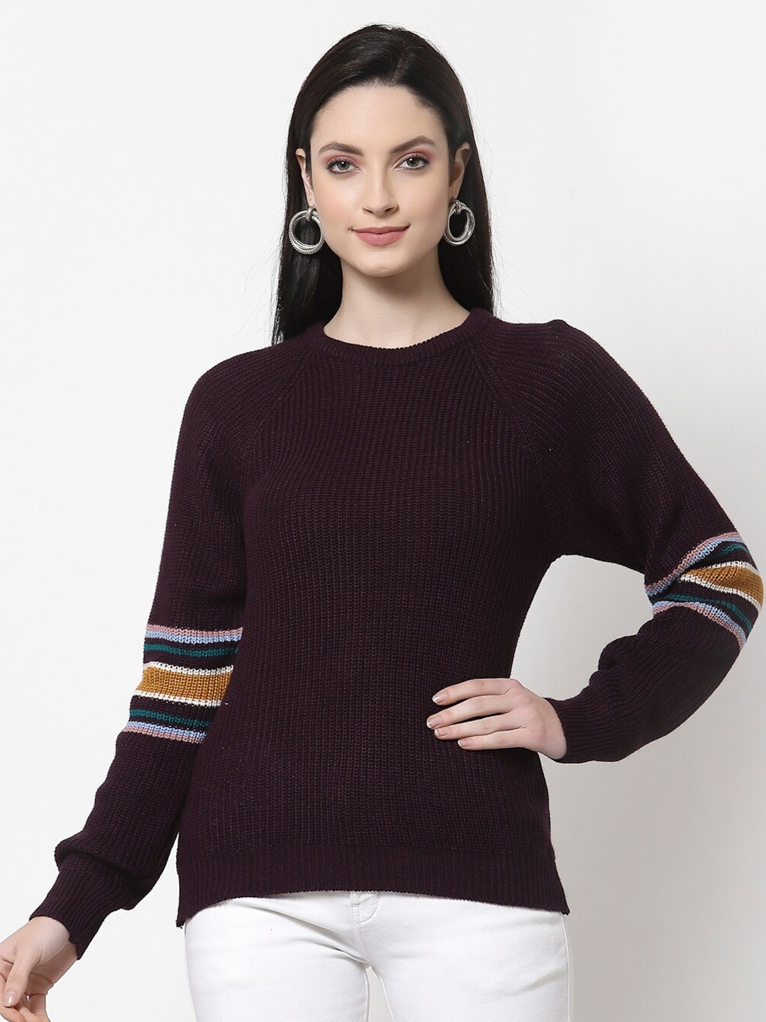 

Club York Women Purple & Mustard Ribbed Acrylic Pullover