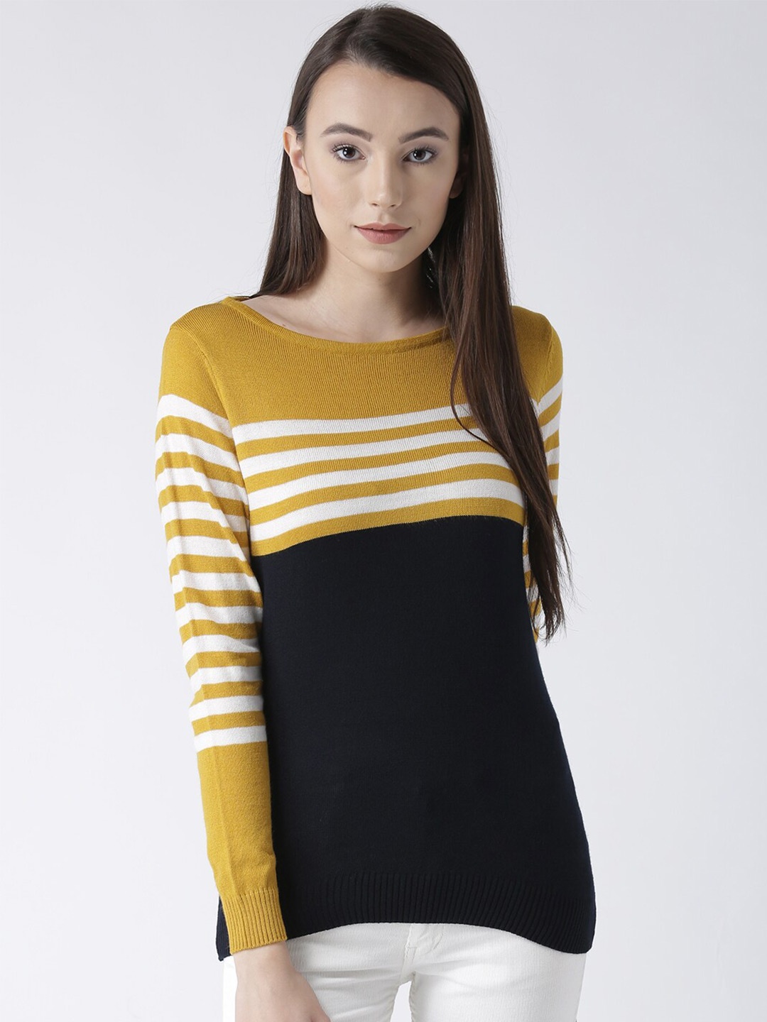 

Club York Women Mustard & White Striped Acrylic Pullover