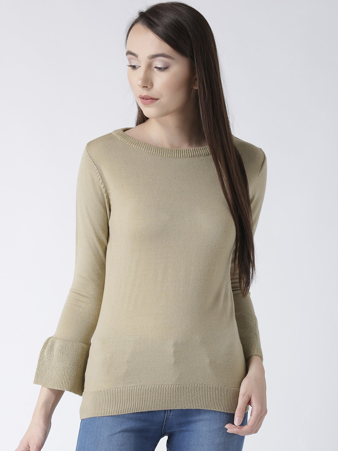 

Club York Women Beige Ribbed Bell Sleeves Pullover