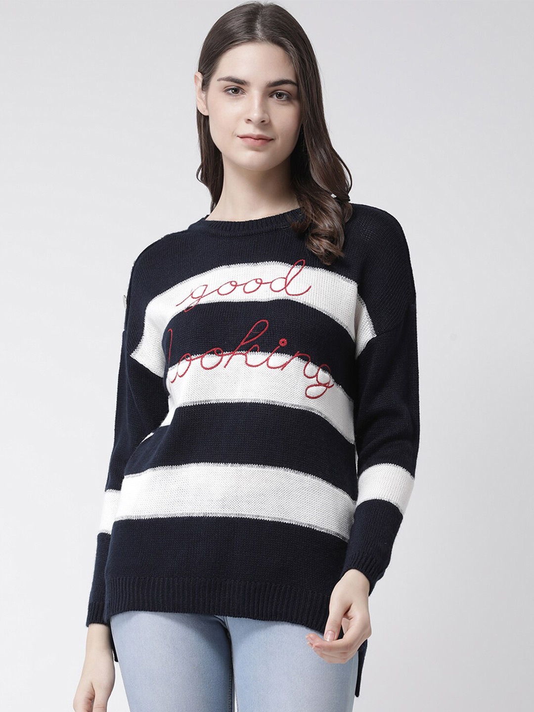 

Club York Round Neck Striped Acrylic Pullover, Navy blue