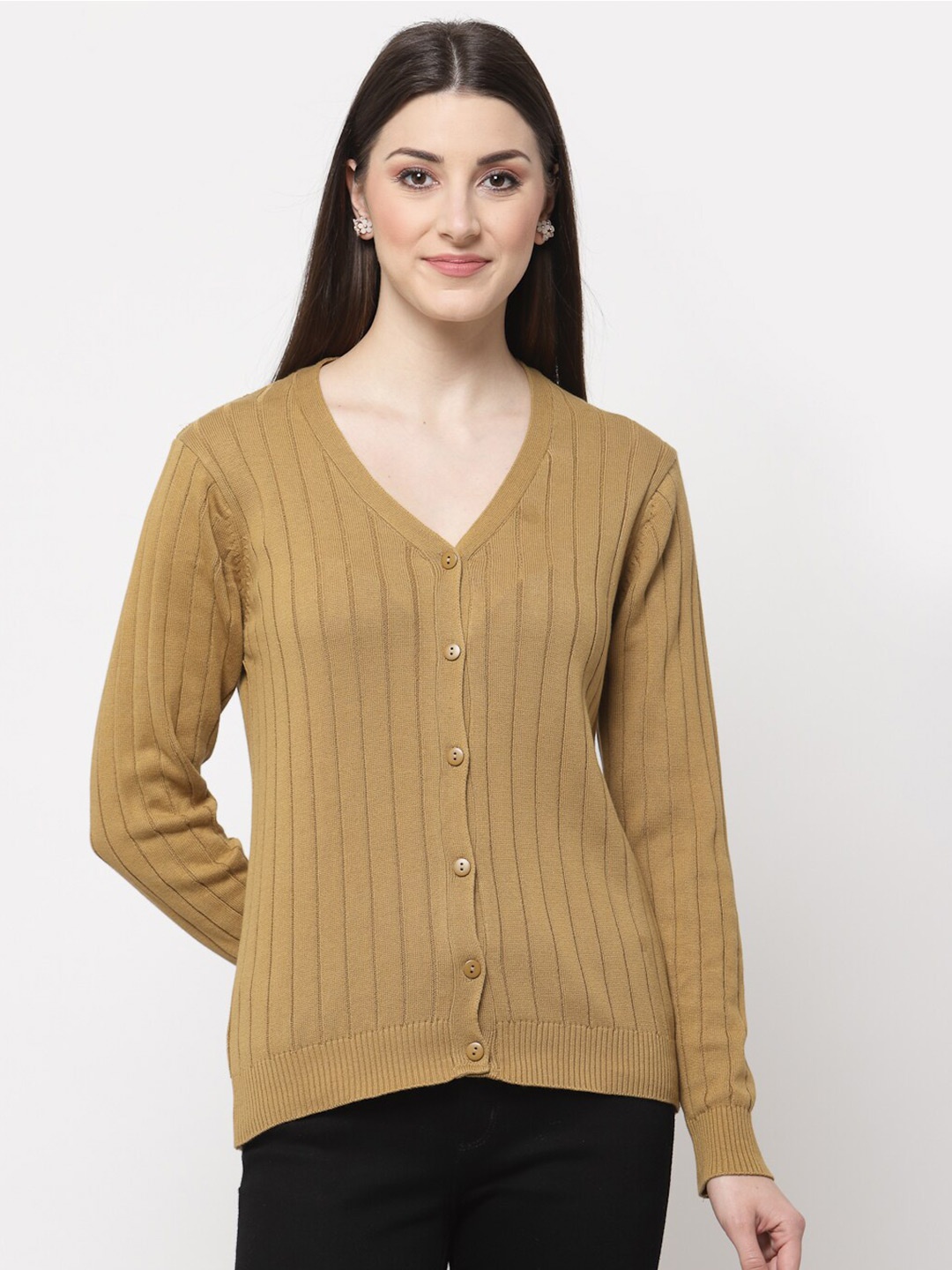 

Club York Women Beige Ribbed Acrylic Cardigan