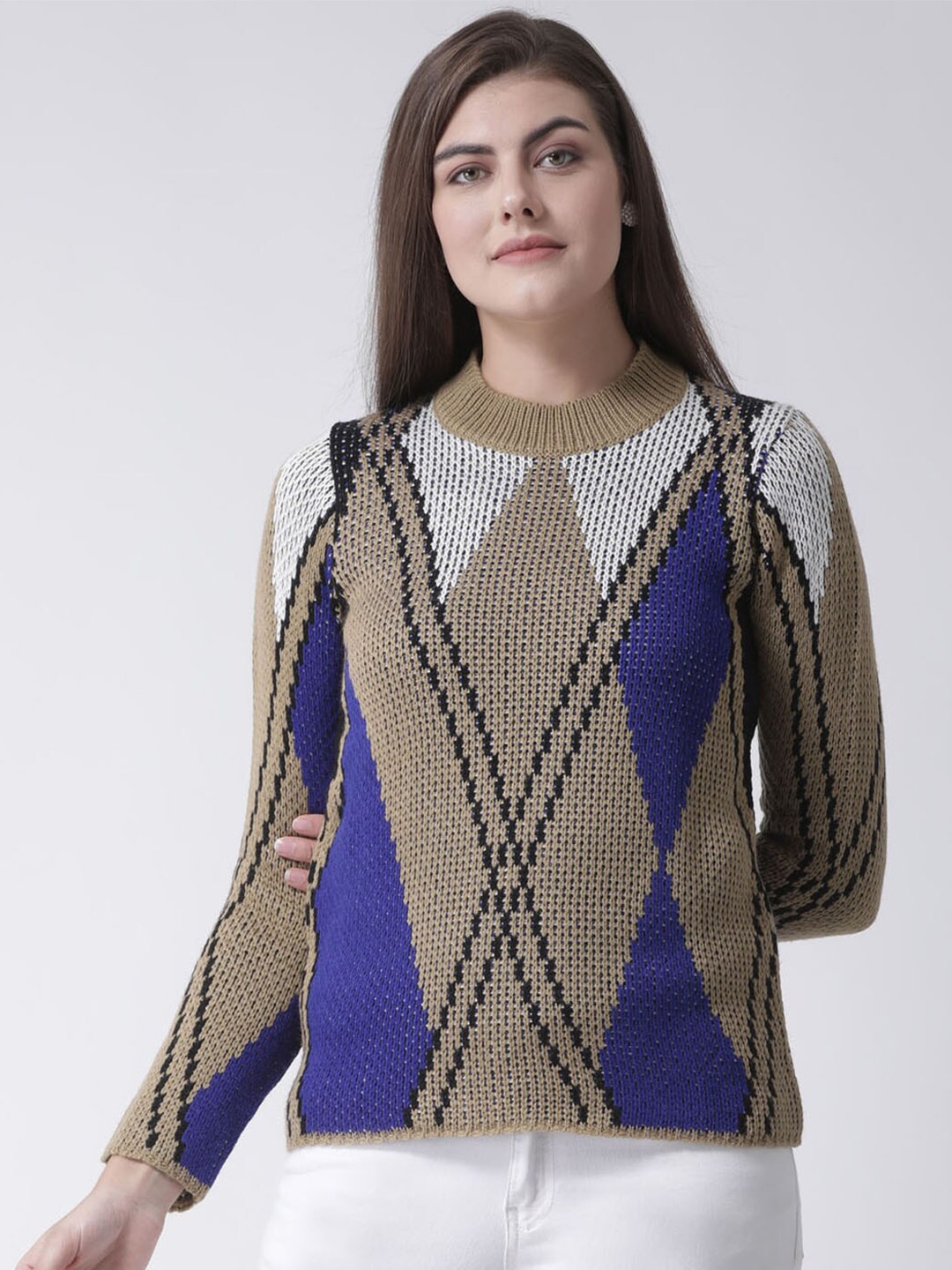 

Club York Self Design Geometric Pullover Acrylic Sweaters, Beige