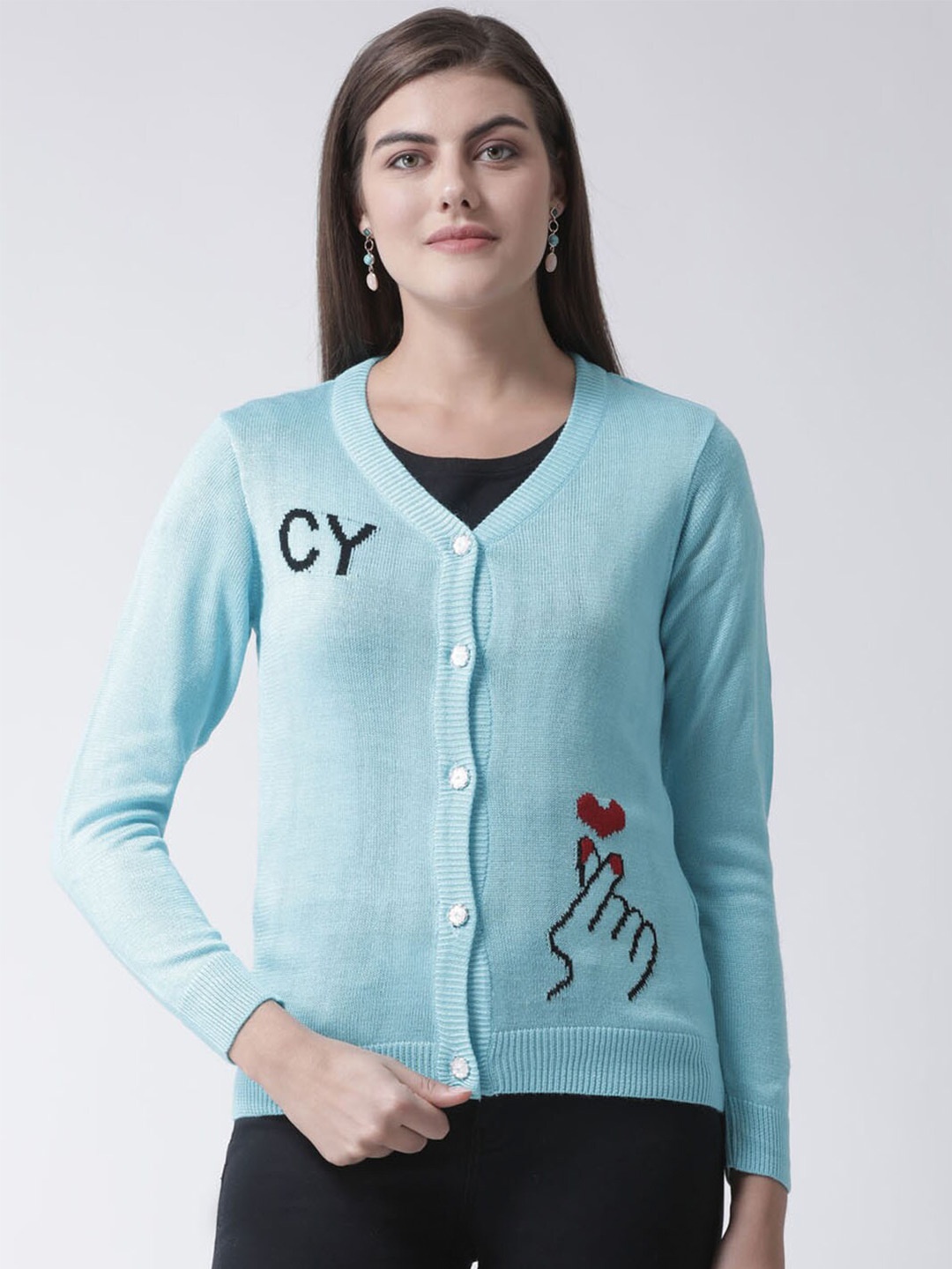 

Club York Women Blue & Black Graphic Printed Long Sleeves Cardigan