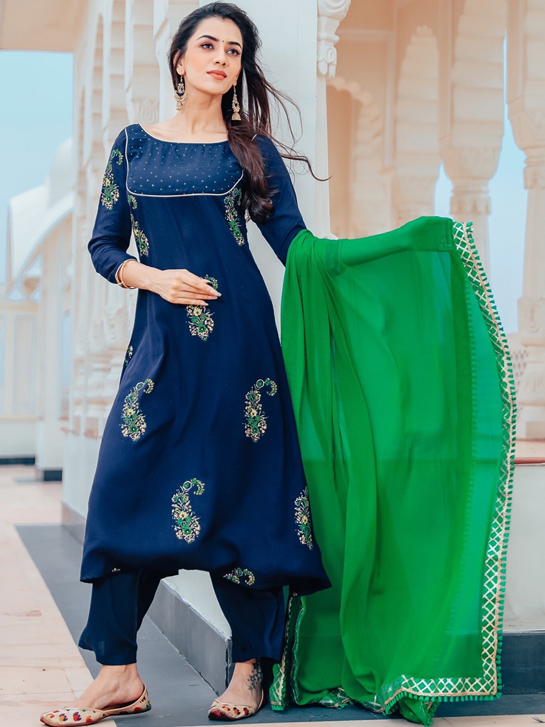 

Thread & Button Printed Pure Cotton A-Line Kurta with Palazzos & With Dupatta, Blue