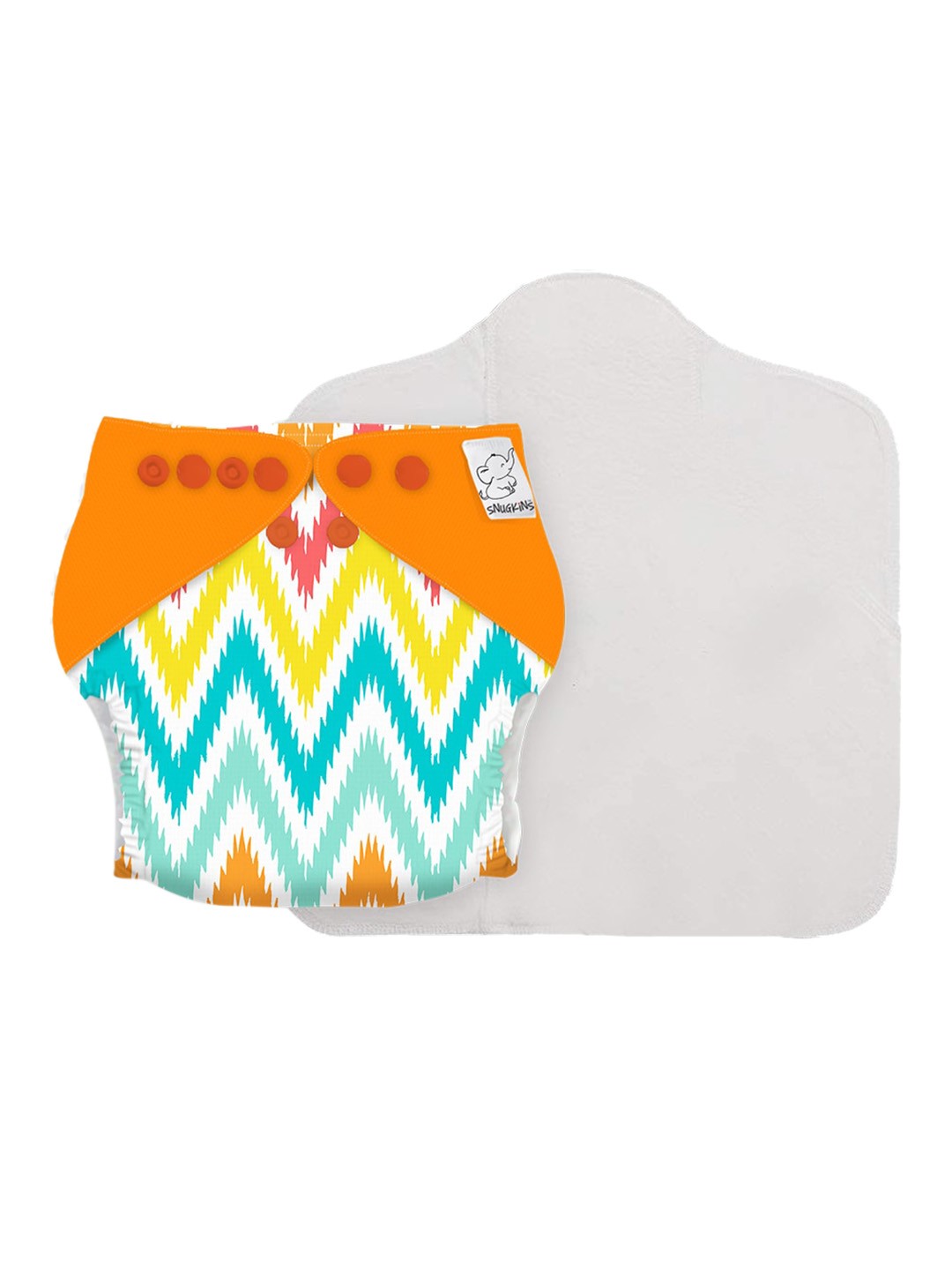

Snugkins Kids Reusable Cloth Diaper + Wet-Free Organic Cotton Prefold Pad - Macaroon Ikat, Orange