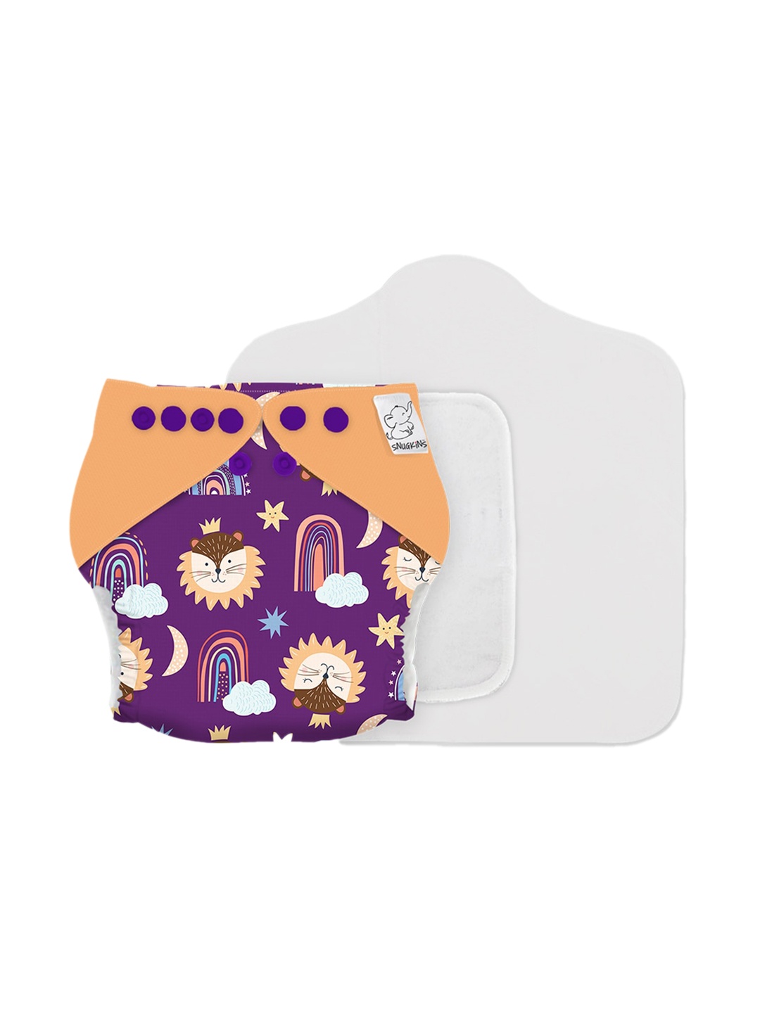 

Snugkins Kids Rainbow Roars Reusable Cloth Diaper with Organic Cotton Prefold Pad - Purple