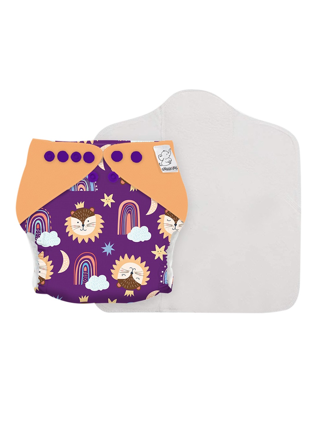 

Snugkins Kids Reusable Cloth Diaper + Wet-Free Organic Cotton Prefold Pad - Rainbow Roars, Purple