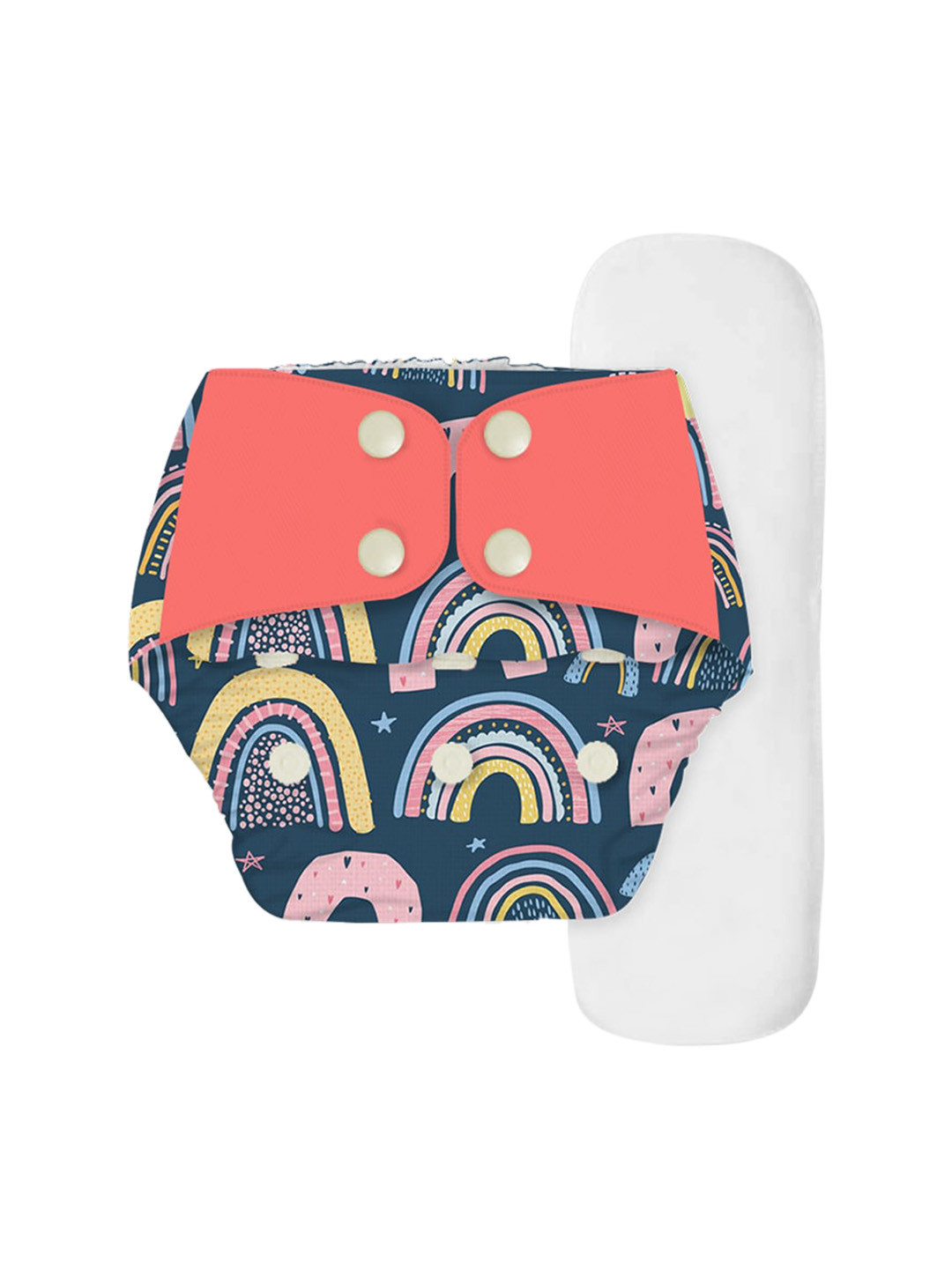

Snugkins Kids Printed Regular Cloth Diaper + Wet-Free Microfiber Terry Soaker - Rainbow, Blue