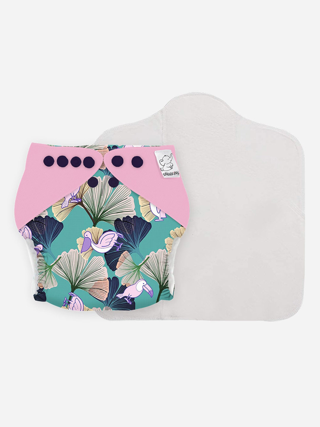 

Snugkins Kids Reusable Cloth Diaper + Wet-Free Organic Cotton Prefold Pad - Ginkgo Glee, Blue
