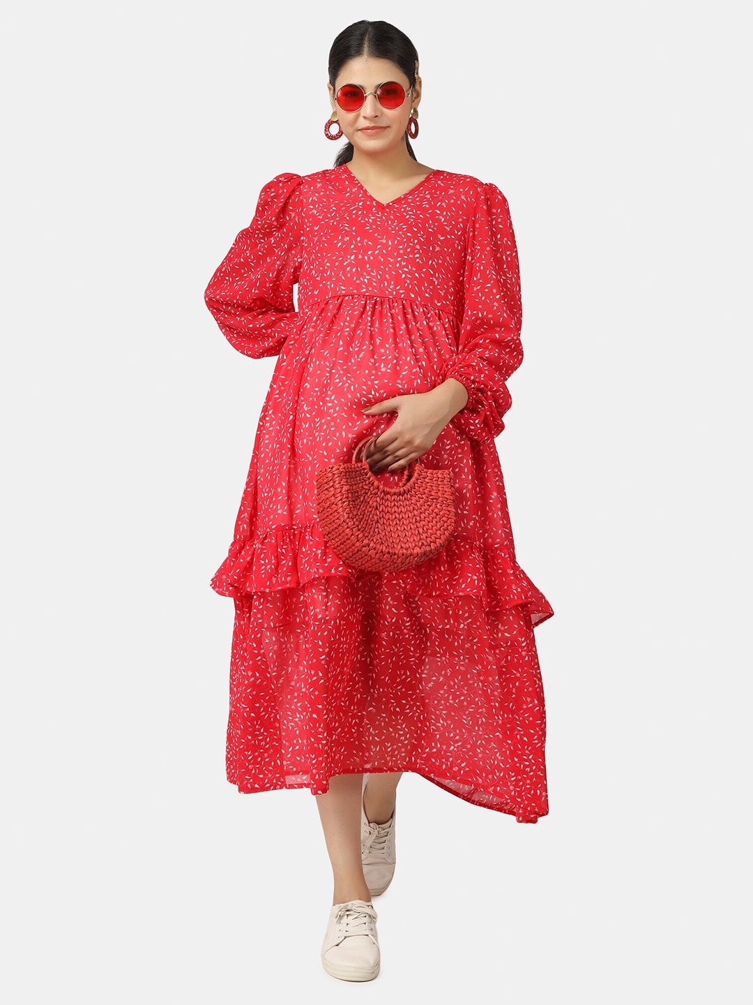 

angloindu Floral Georgette Maternity Midi Dress, Red