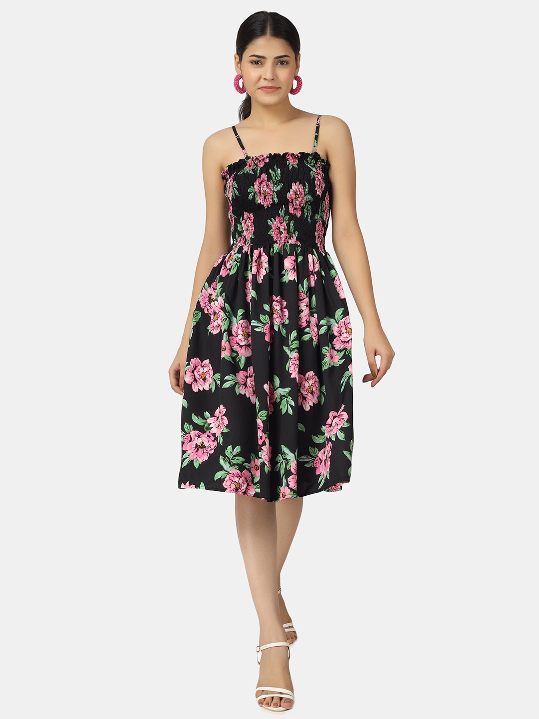 

angloindu Floral Printed Smocked Dress, Black