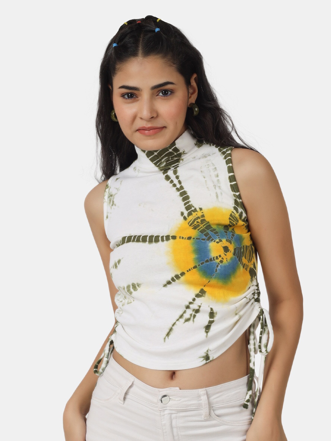 

angloindu Women White Tie and Dye High Neck Slim Fit Cotton T-shirt